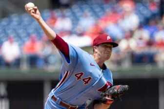 May 19, 2022; Philadelphia, Pennsylvania, USA; Philadelphia Phillies starting pitcher Kyle Gibson (44) throws a pitch during the second inning against the San Diego Padres at Citizens Bank Park. Mandatory Credit: Bill Streicher-USA TODAY Sports