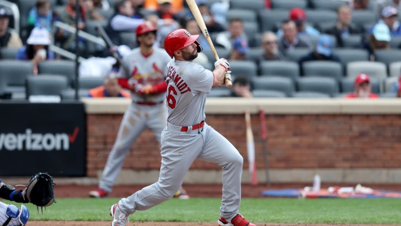 May 19, 2022; New York City, New York, USA; St. Louis Cardinals designated hitter Paul Goldschmidt (46) follows through on a solo home run against the New York Mets during the third inning at Citi Field. Mandatory Credit: Brad Penner-USA TODAY Sports