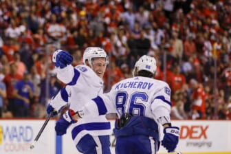 May 19, 2022; Sunrise, Florida, USA; Tampa Bay Lightning center Ross Colton (79) celebrates with right wing Nikita Kucherov (86) after scoring the winning goal during the third period against the Florida Panthers in game two of the second round of the 2022 Stanley Cup Playoffs at FLA Live Arena. Mandatory Credit: Sam Navarro-USA TODAY Sports
