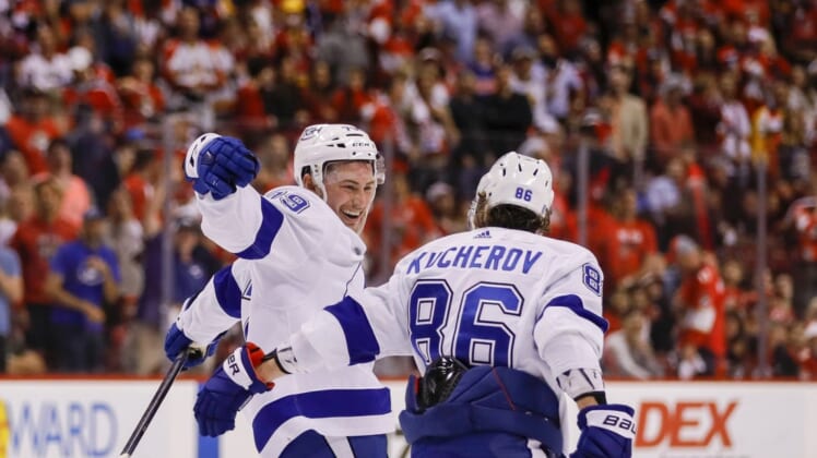 May 19, 2022; Sunrise, Florida, USA; Tampa Bay Lightning center Ross Colton (79) celebrates with right wing Nikita Kucherov (86) after scoring the winning goal during the third period against the Florida Panthers in game two of the second round of the 2022 Stanley Cup Playoffs at FLA Live Arena. Mandatory Credit: Sam Navarro-USA TODAY Sports
