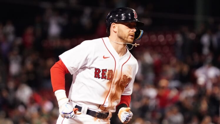 May 19, 2022; Boston, Massachusetts, USA; Boston Red Sox second baseman Trevor Story (10) rounds the bases after hitting a three run home run against the Seattle Mariners in the eighth inning at Fenway Park. Mandatory Credit: David Butler II-USA TODAY Sports