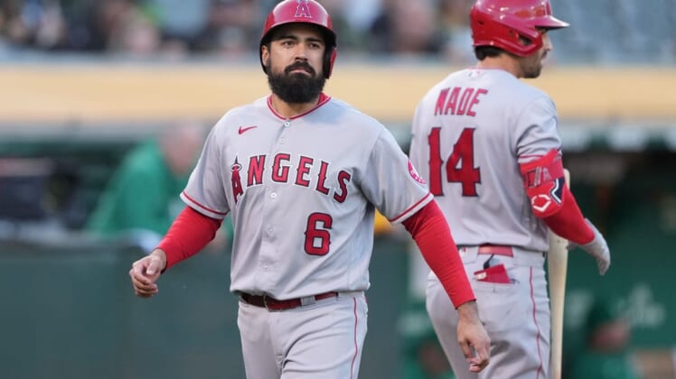 May 14, 2022; Oakland, California, USA; Los Angeles Angels third baseman Anthony Rendon (6) during the second inning against the Oakland Athletics at RingCentral Coliseum. Mandatory Credit: Darren Yamashita-USA TODAY Sports