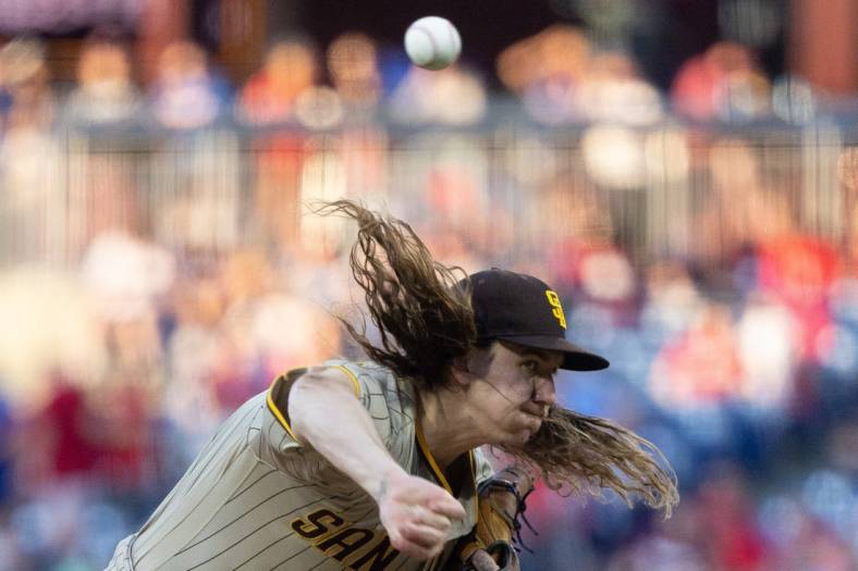 May 17, 2022; Philadelphia, Pennsylvania, USA; San Diego Padres starting pitcher Mike Clevinger (52) throws a pitch against the Philadelphia Phillies at Citizens Bank Park. Mandatory Credit: Bill Streicher-USA TODAY Sports