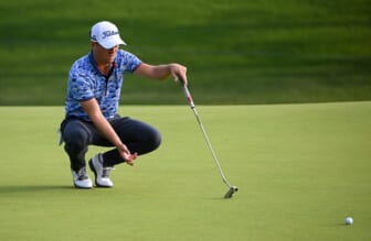 May 20, 2022; Tulsa, OK, USA;  Justin Thomas lines up his putt on the 10th green during the second round of the PGA Championship golf tournament at Southern Hills Country Club. Mandatory Credit: Orlando Ramirez-USA TODAY Sports