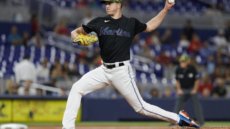 May 20, 2022; Miami, Florida, USA; Miami Marlins starting pitcher Trevor Rogers (28) delivers a pitch during the first inning against the Atlanta Braves at loanDepot Park. Mandatory Credit: Sam Navarro-USA TODAY Sports