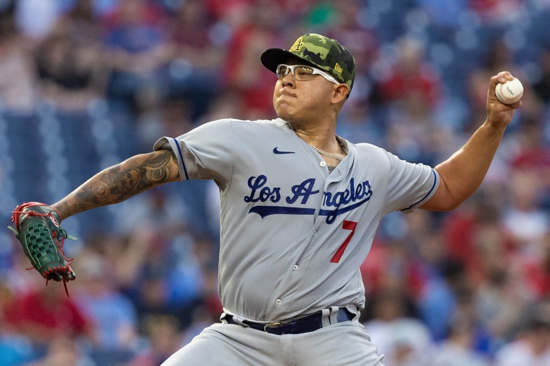 May 20, 2022; Philadelphia, Pennsylvania, USA; Los Angeles Dodgers starting pitcher Julio Urias (7) throws a pitch during the first inning against the Philadelphia Phillies at Citizens Bank Park. Mandatory Credit: Bill Streicher-USA TODAY Sports