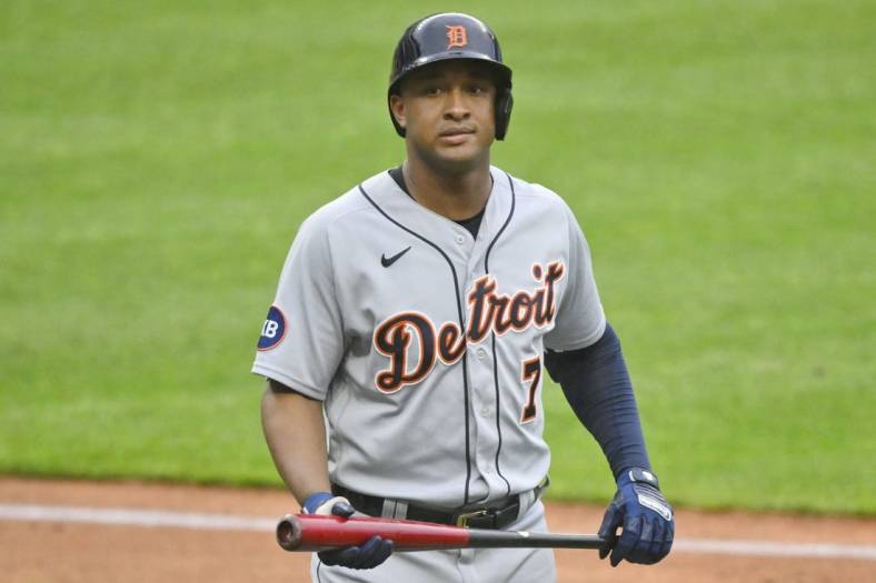 May 20, 2022; Cleveland, Ohio, USA; Detroit Tigers second baseman Jonathan Schoop (7) reacts after lining out to start a double play in the second inning against the Cleveland Guardians at Progressive Field. Mandatory Credit: David Richard-USA TODAY Sports