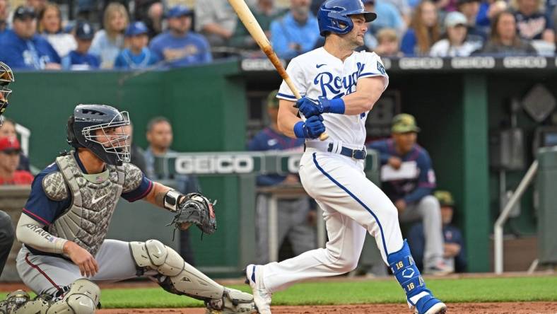 May 20, 2022; Kansas City, Missouri, USA; Kansas City Royals left fielder Andrew Benintendi (16) singles during the first inning against the Minnesota Twins at Kauffman Stadium. Mandatory Credit: Peter Aiken-USA TODAY Sports