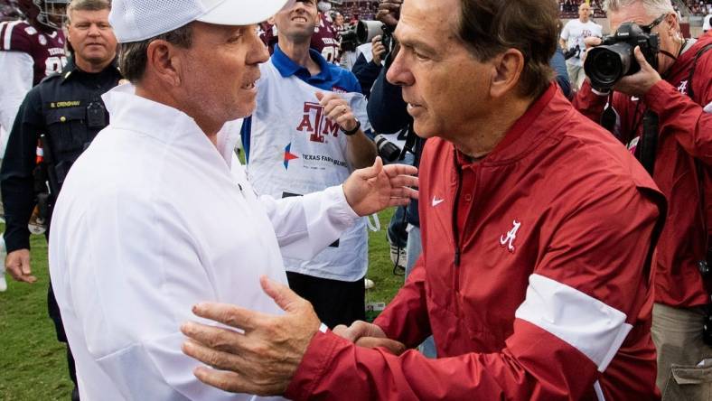 Texas A&M head coach Jimbo Fisher, left, and Alabama head coach Nick Saban meet at midfield after their game in College Station, Texas, in 2019.

Xxx Img Bama667 1 1 45v20bgg Jpg