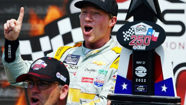 May 21, 2022; Fort Worth, Texas, USA;  Xfinity Series driver Tyler Reddick (48) celebrates in victory lane after winning the Texas 250 at Texas Motor Speedway. Mandatory Credit: John David Mercer-USA TODAY Sports