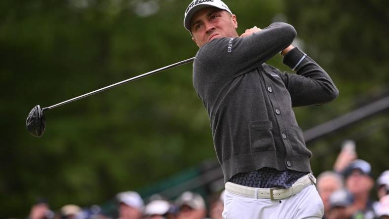 May 21, 2022; Tulsa, OK, USA;  Justin Thomas hits his tee shot on the 7th hole during the third round of the PGA Championship golf tournament at Southern Hills Country Club. Mandatory Credit: Orlando Ramirez-USA TODAY Sports