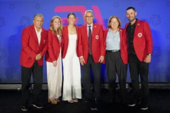 May 21, 2022; Frisco, Texas, USA; Marco Etcheverry, Christie Pearce Rampone, Shannon Boxx, Esse Baharmast, Linda Hamilton, and Clint Dempsey pose during the National Soccer Hall of Fame Class of 2022 Induction Ceremony at Toyota Stadium. Mandatory Credit: Chris Jones-USA TODAY Sports