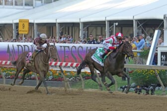 May 21, 2022; Baltimore, MD, USA; Early Voting with jockey Jose Ortiz wins the Preakness Stakes ahead of Epicenter (left) at Pimlico Race Course. Mandatory Credit: Mitch Stringer-USA TODAY Sports