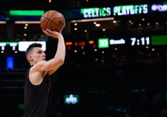 May 21, 2022; Boston, Massachusetts, USA; Miami Heat guard Tyler Herro (14) warms up before game three of the 2022 eastern conference finals against the Boston Celtics at TD Garden. Mandatory Credit: David Butler II-USA TODAY Sports