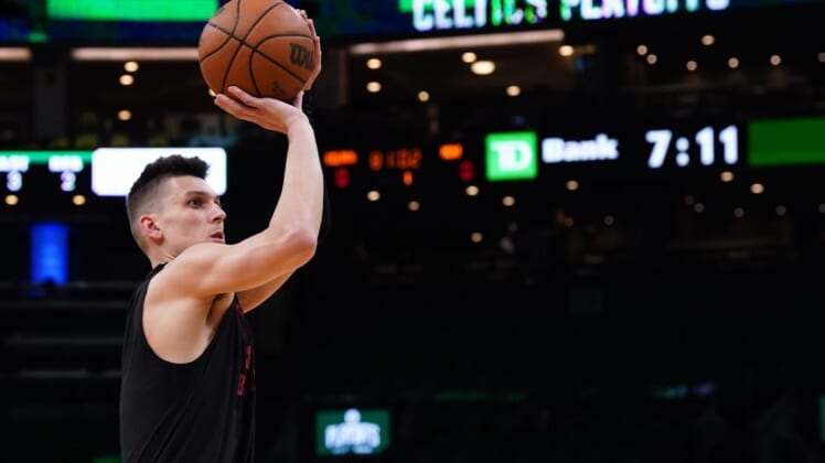 May 21, 2022; Boston, Massachusetts, USA; Miami Heat guard Tyler Herro (14) warms up before game three of the 2022 eastern conference finals against the Boston Celtics at TD Garden. Mandatory Credit: David Butler II-USA TODAY Sports