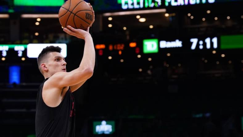 May 21, 2022; Boston, Massachusetts, USA; Miami Heat guard Tyler Herro (14) warms up before game three of the 2022 eastern conference finals against the Boston Celtics at TD Garden. Mandatory Credit: David Butler II-USA TODAY Sports