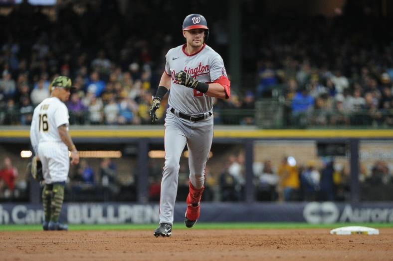 May 21, 2022; Milwaukee, Wisconsin, USA; Washington Nationals left fielder Lane Thomas (28) rounds the bases after hitting a home run against the Milwaukee Brewers in the third inning at American Family Field. Mandatory Credit: Michael McLoone-USA TODAY Sports