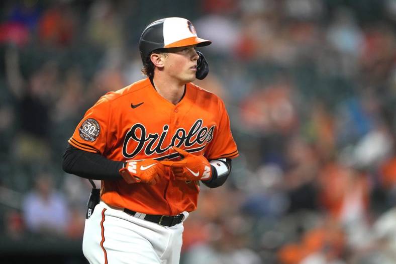May 21, 2022; Baltimore, Maryland, USA; Baltimore Orioles catcher Adley Rutschman (35) draws a walk against the Tampa Bay Rays during the fourth inning at Oriole Park at Camden Yards. Mandatory Credit: Gregory Fisher-USA TODAY Sports