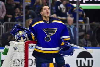 May 21, 2022; St. Louis, Missouri, USA; St. Louis Blues goaltender Jordan Binnington (50) looks on before the playing the Colorado Avalanche in game three of the second round of the 2022 Stanley Cup Playoffs at Enterprise Center. Mandatory Credit: Jeff Curry-USA TODAY Sports