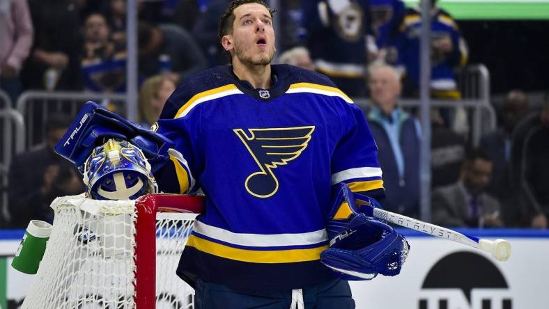 May 21, 2022; St. Louis, Missouri, USA; St. Louis Blues goaltender Jordan Binnington (50) looks on before the playing the Colorado Avalanche in game three of the second round of the 2022 Stanley Cup Playoffs at Enterprise Center. Mandatory Credit: Jeff Curry-USA TODAY Sports