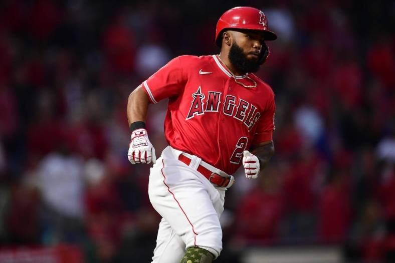 May 21, 2022; Anaheim, California, USA; Los Angeles Angels second baseman Luis Rengifo (2) runs after hitting a solo home run against the Oakland Athletics during the fifth inning at Angel Stadium. Mandatory Credit: Gary A. Vasquez-USA TODAY Sports