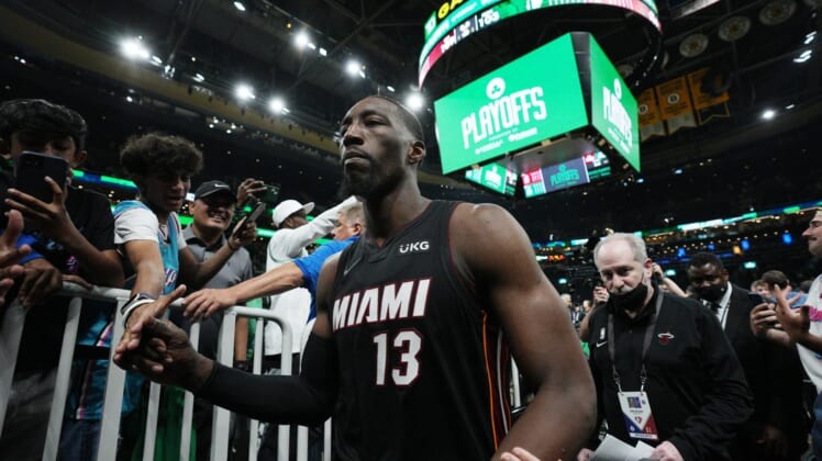 May 21, 2022; Boston, Massachusetts, USA; Miami Heat center Bam Adebayo (13) exits the court after defeating the Boston Celtics during game three of the 2022 eastern conference finals at TD Garden. Mandatory Credit: David Butler II-USA TODAY Sports