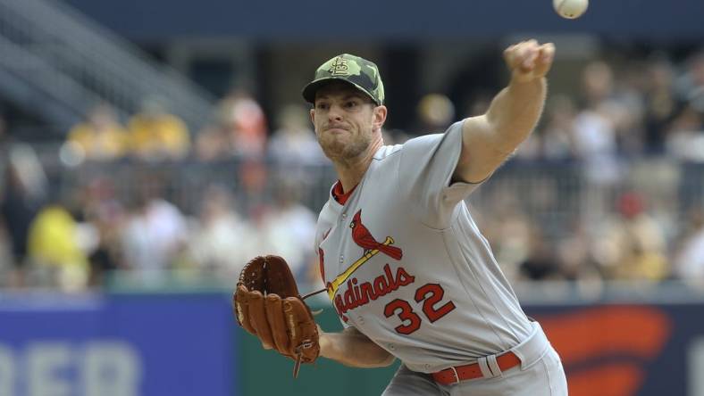 May 22, 2022; Pittsburgh, Pennsylvania, USA;  St. Louis Cardinals starting pitcher Steven Matz (32) delivers a pitch against the Pittsburgh Pirates during the first inning at PNC Park. Mandatory Credit: Charles LeClaire-USA TODAY Sports