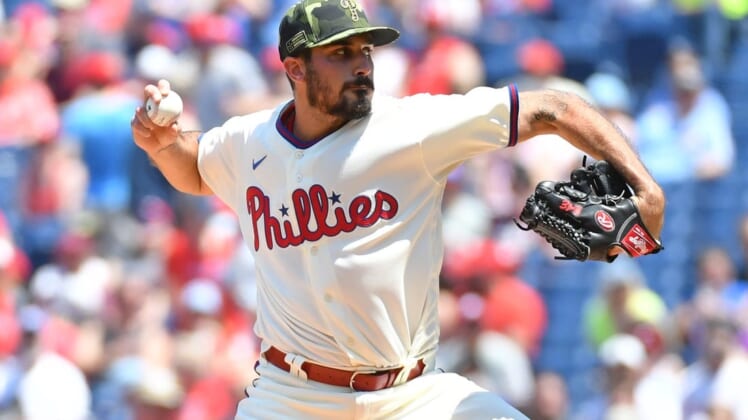 May 22, 2022; Philadelphia, Pennsylvania, USA; Philadelphia Phillies starting pitcher Zach Eflin (56) throws a pitch against the Los Angeles Dodgers during the first inning at Citizens Bank Park. Mandatory Credit: Eric Hartline-USA TODAY Sports