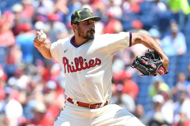 May 22, 2022; Philadelphia, Pennsylvania, USA; Philadelphia Phillies starting pitcher Zach Eflin (56) throws a pitch against the Los Angeles Dodgers during the first inning at Citizens Bank Park. Mandatory Credit: Eric Hartline-USA TODAY Sports