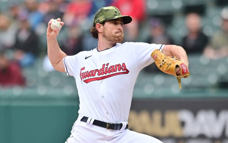 May 22, 2022; Cleveland, Ohio, USA; Cleveland Guardians starting pitcher Shane Bieber (57) throws a pitch during the first inning against the Detroit Tigers at Progressive Field. Mandatory Credit: Ken Blaze-USA TODAY Sports