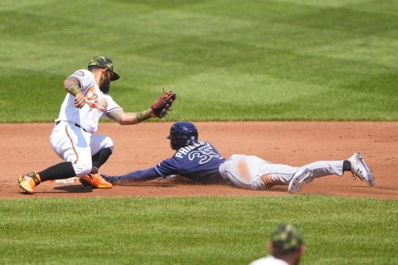 May 22, 2022; Baltimore, Maryland, USA; Tampa Bay Rays right fielder Brett Phillips (35) steals second base ahead of the tag by Baltimore Orioles second baseman Rougned Odor (12) during the first inning  at Oriole Park at Camden Yards. Mandatory Credit: Gregory Fisher-USA TODAY Sports
