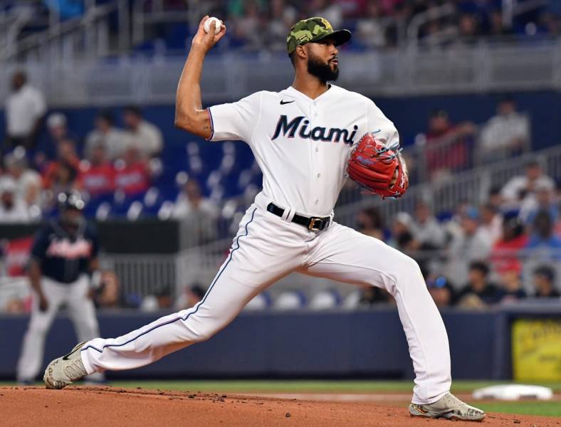 May 22, 2022; Miami, Florida, USA; Miami Marlins starting pitcher Sandy Alcantara (22) delivers in the first inning against the Atlanta Braves at loanDepot Park. Mandatory Credit: Jim Rassol-USA TODAY Sports