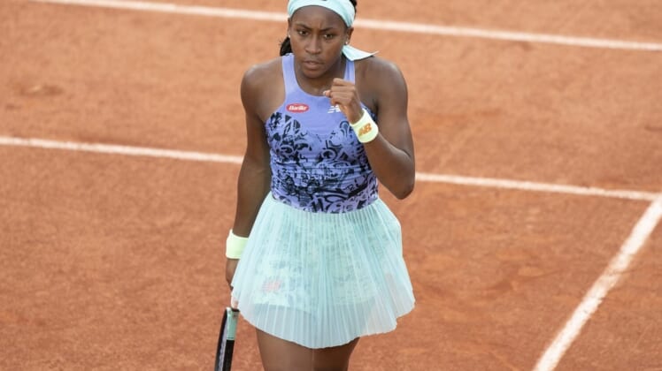 May 22, 2022; Paris, France;  Coco Gauff (USA) reacts to a point during her match against Rebecca Marino (CAN) on day one of the French Open at Stade Roland-Garros. Mandatory Credit: Susan Mullane-USA TODAY Sports