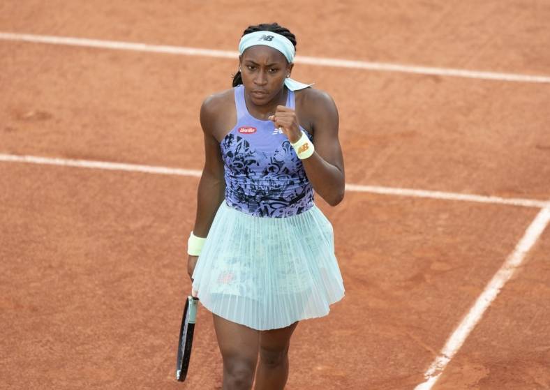 May 22, 2022; Paris, France;  Coco Gauff (USA) reacts to a point during her match against Rebecca Marino (CAN) on day one of the French Open at Stade Roland-Garros. Mandatory Credit: Susan Mullane-USA TODAY Sports