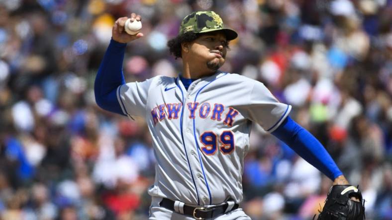 May 22, 2022; Denver, Colorado, USA; New York Mets starting pitcher Taijuan Walker (99) delivers pitch in the fifth inning against the Colorado Rockies at Coors Field. Mandatory Credit: John Leyba-USA TODAY Sports