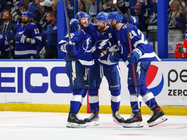 May 22, 2022; Tampa, Florida, USA;Tampa Bay Lightning right wing Nikita Kucherov (86) celebrates after scoring a goal against the Florida Panthers in the third period in game three of the second round of the 2022 Stanley Cup Playoffs at Amalie Arena. Mandatory Credit: Nathan Ray Seebeck-USA TODAY Sports