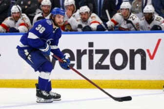 May 22, 2022; Tampa, Florida, USA; Tampa Bay Lightning left wing Brandon Hagel (38) looks to pass the puck in the third period against the Florida Panthers in game three of the second round of the 2022 Stanley Cup Playoffs at Amalie Arena. Mandatory Credit: Nathan Ray Seebeck-USA TODAY Sports