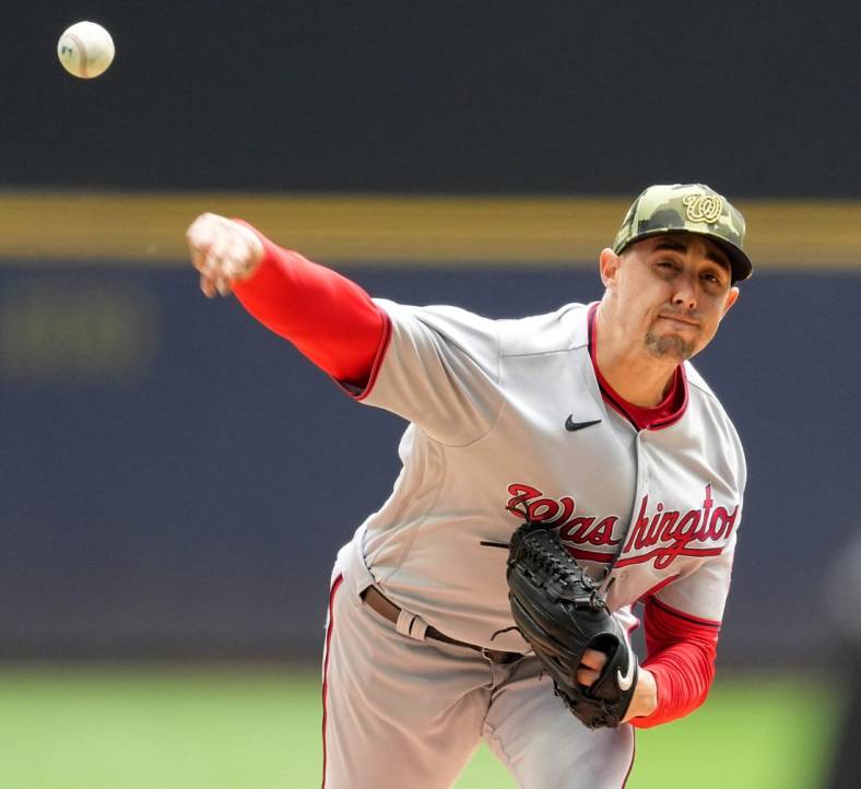 Washington Nationals pitcher Aaron Sanchez throws during the first inning of their game against the Milwaukee Brewers Sunday, May 22, 2022 at American Family Field in Milwaukee, Wis.

Brewers23 6