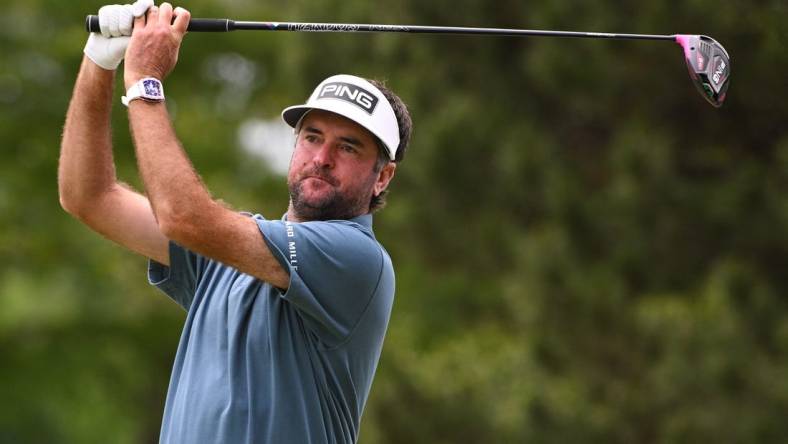 May 22, 2022; Tulsa, OK, USA; Bubba Watson plays his shot from the seventh tee during the final round of the PGA Championship golf tournament at Southern Hills Country Club. Mandatory Credit: Orlando Ramirez-USA TODAY Sports