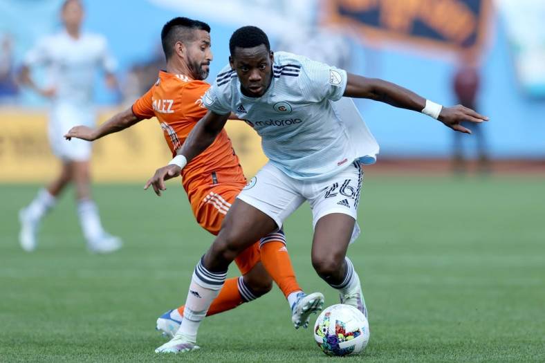 May 22, 2022; New York, NY, New York, NY, USA; Chicago Fire forward Jhon Duran (26) controls the ball against New York City FC midfielder Maximiliano Moralez (10) during the first half at Citi Field. Mandatory Credit: Brad Penner-USA TODAY Sports