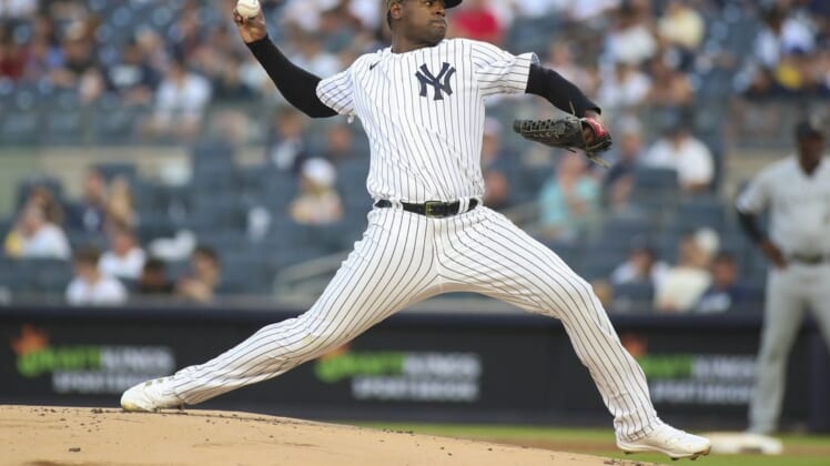 May 22, 2022; Bronx, New York, USA;  New York Yankees starting pitcher Luis Severino (40) pitches in the first inning against the Chicago White Sox at Yankee Stadium. Mandatory Credit: Wendell Cruz-USA TODAY Sports