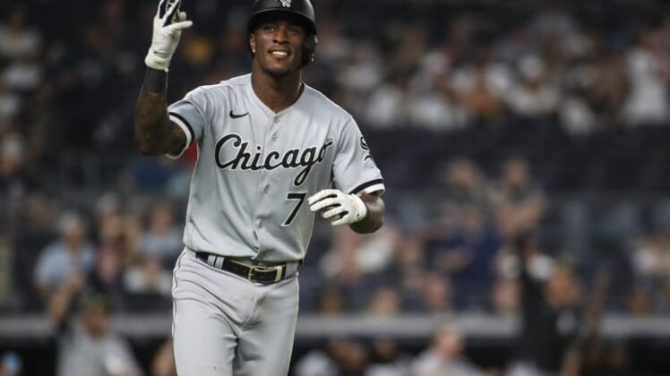 May 22, 2022; Bronx, New York, USA;  Chicago White Sox shortstop Tim Anderson (7) gestures to the fans after hitting a three run home run in the eighth inning against the New York Yankees at Yankee Stadium. Mandatory Credit: Wendell Cruz-USA TODAY Sports