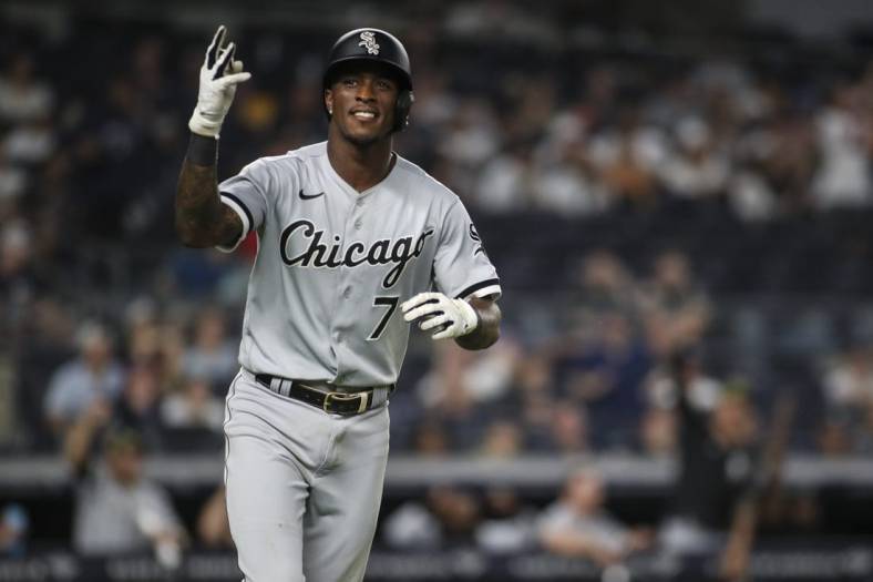 May 22, 2022; Bronx, New York, USA;  Chicago White Sox shortstop Tim Anderson (7) gestures to the fans after hitting a three run home run in the eighth inning against the New York Yankees at Yankee Stadium. Mandatory Credit: Wendell Cruz-USA TODAY Sports