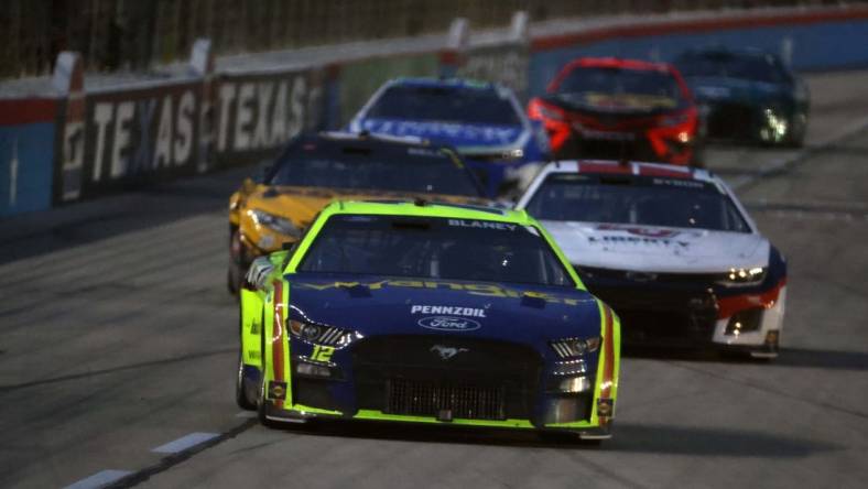 May 22, 2022; Fort Worth, Texas, USA; NASCAR Cup Series driver Ryan Blaney (12) during the All-Star Race at Texas Motor Speedway. Mandatory Credit: Peter Casey-USA TODAY Sports