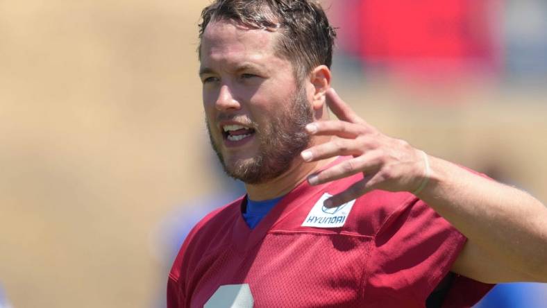 May 23, 2022; Thousand Oaks, CA, USA; Los Angeles Rams quarterback Matthew Stafford (9) reacts during organized team activities at California Lutheran University. Mandatory Credit: Kirby Lee-USA TODAY Sports