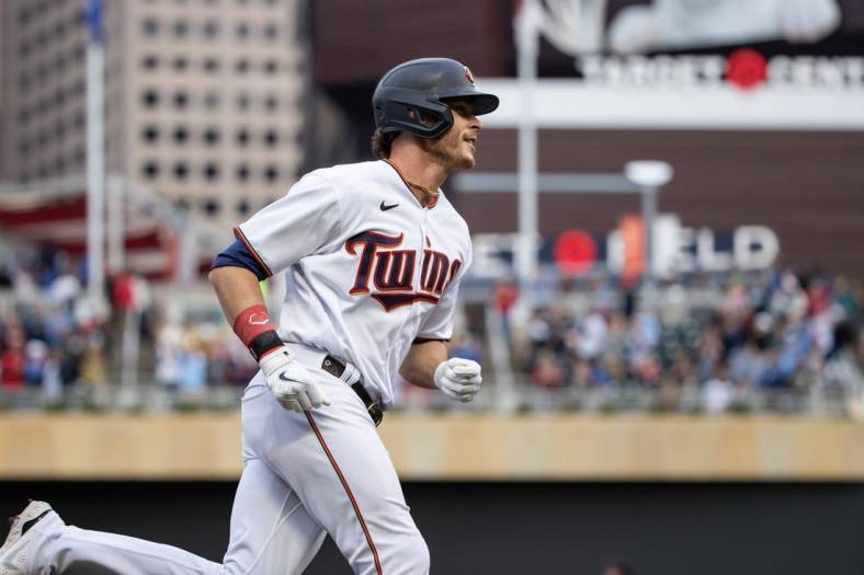 May 23, 2022; Minneapolis, Minnesota, USA; Minnesota Twins right fielder Max Kepler (26) rounds the bases after hitting grand slam during the first inning against the Detroit Tigers at Target Field. Mandatory Credit: Jordan Johnson-USA TODAY Sports