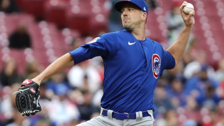 May 23, 2022; Cincinnati, Ohio, USA; Chicago Cubs starting pitcher Drew Smyly (11) throws a pitch against the Cincinnati Reds during the first inning at Great American Ball Park. Mandatory Credit: David Kohl-USA TODAY Sports