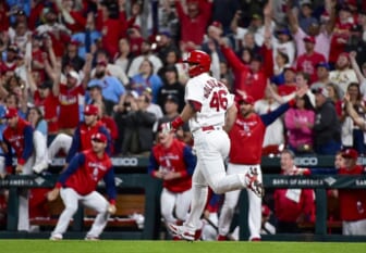 May 23, 2022; St. Louis, Missouri, USA;  St. Louis Cardinals first baseman Paul Goldschmidt (46) hits a walk-off grand slam against the Toronto Blue Jays during the tenth inning at Busch Stadium. Mandatory Credit: Jeff Curry-USA TODAY Sports