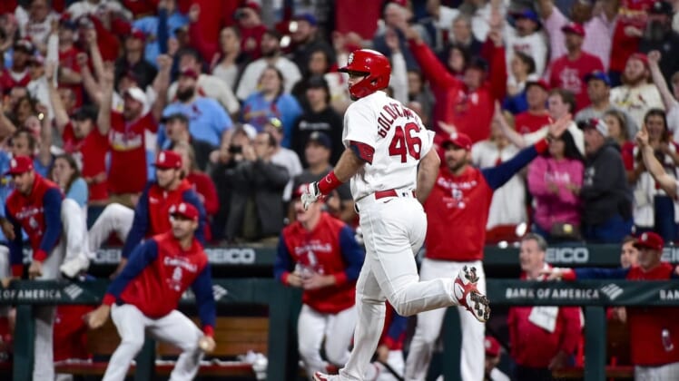 May 23, 2022; St. Louis, Missouri, USA;  St. Louis Cardinals first baseman Paul Goldschmidt (46) hits a walk-off grand slam against the Toronto Blue Jays during the tenth inning at Busch Stadium. Mandatory Credit: Jeff Curry-USA TODAY Sports