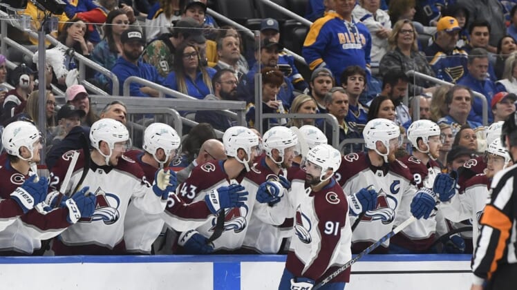 May 23, 2022; St. Louis, Missouri, USA; Colorado Avalanche center Nazem Kadri (91) is congratulated by teammates after scoring a goal against the St. Louis Blues during the second period in game four of the second round of the 2022 Stanley Cup Playoffs at Enterprise Center. Mandatory Credit: Jeff Le-USA TODAY Sports